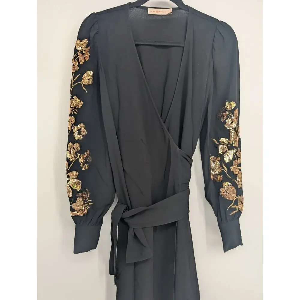 Defect Tory Burch EMBROIDERED WRAP Midi DRESS Sz 2 Golden Sequins Black #2A458